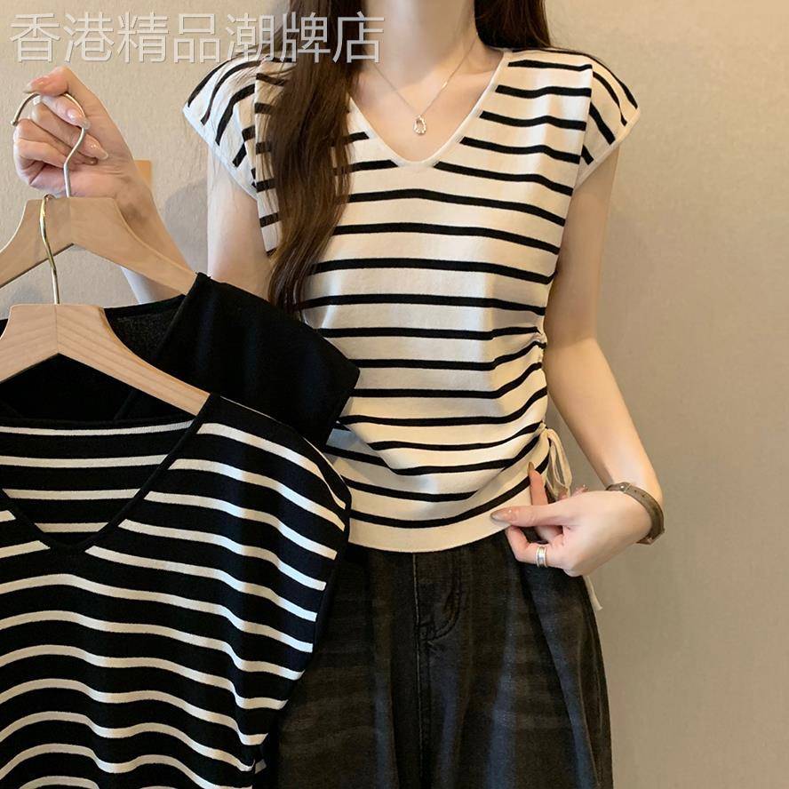 抽绳条纹V领正肩短袖T恤女夏大码胖mm别致小衫显瘦不规则无袖上衣
