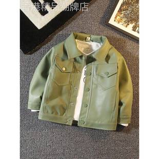 潮牌童装男童皮衣真皮夹克洋气秋冬加绒加厚中小童韩版帅气外套