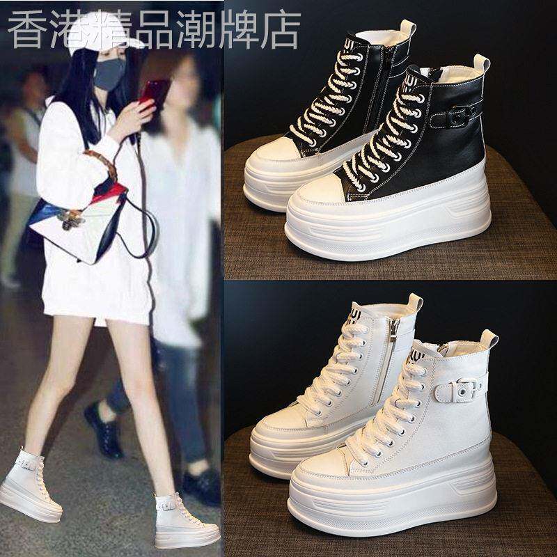 高帮鞋女鞋真皮2025冬季新款内增高8cm短靴子厚底加绒百搭小白鞋