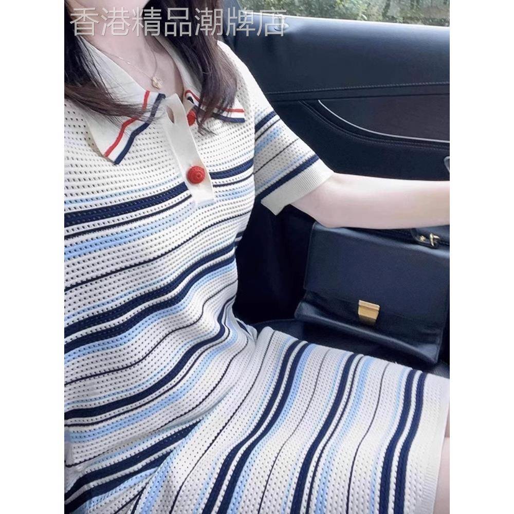 欧洲站夏季新款盐系学院风时尚洋派高端精致休闲通勤条纹洋装女
