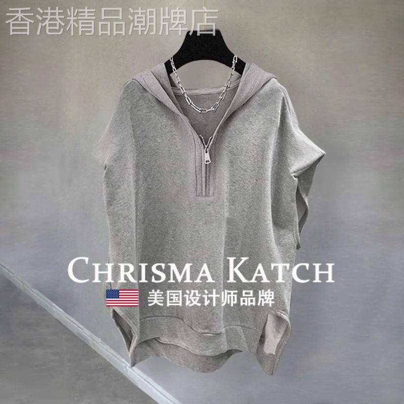 出口美国⭐Chrisma Katch~休闲连帽无袖t恤男夏季半拉炼坎肩背心