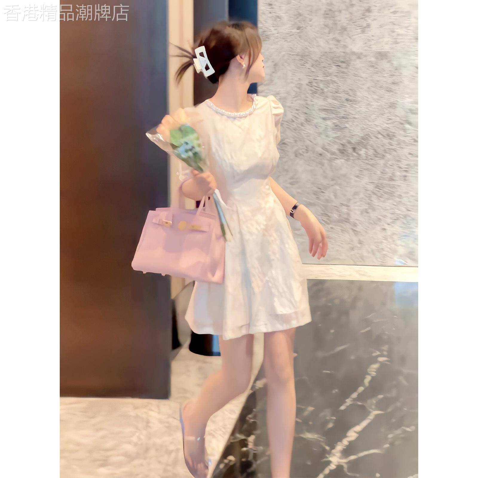 法式圆领珍珠边泡泡袖连衣裙女夏季欧货气质收腰显瘦初恋小白裙