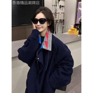 韩系深蓝色拉炼毛呢外套女2025秋季新款小个子独特超好看短款上衣