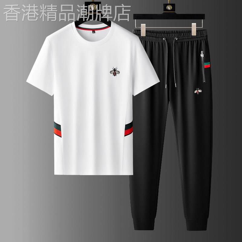 高奢小蜜蜂短袖青年服装帅气休闲两件式男丝光棉薄款夏季运动套装
