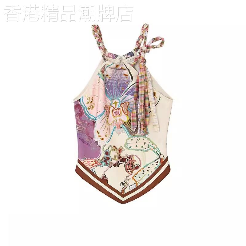 前后两穿编织挂颈吊带女夏外穿无袖印花背心海边三角缎面抹胸上衣