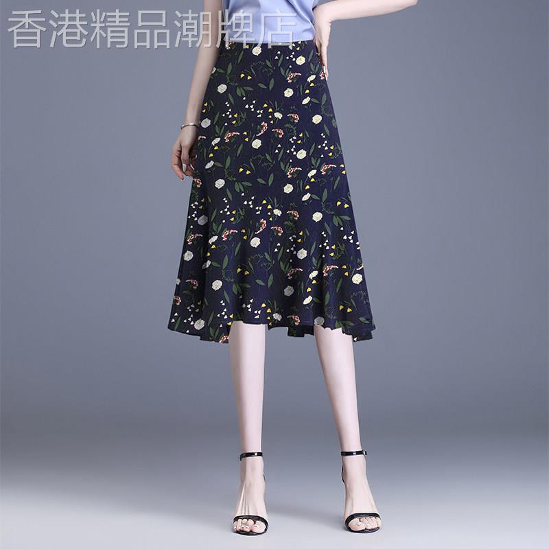 印花女士显瘦半身裙高腰雪纺鱼尾裙垂感夏天透气小个子碎花包裙女