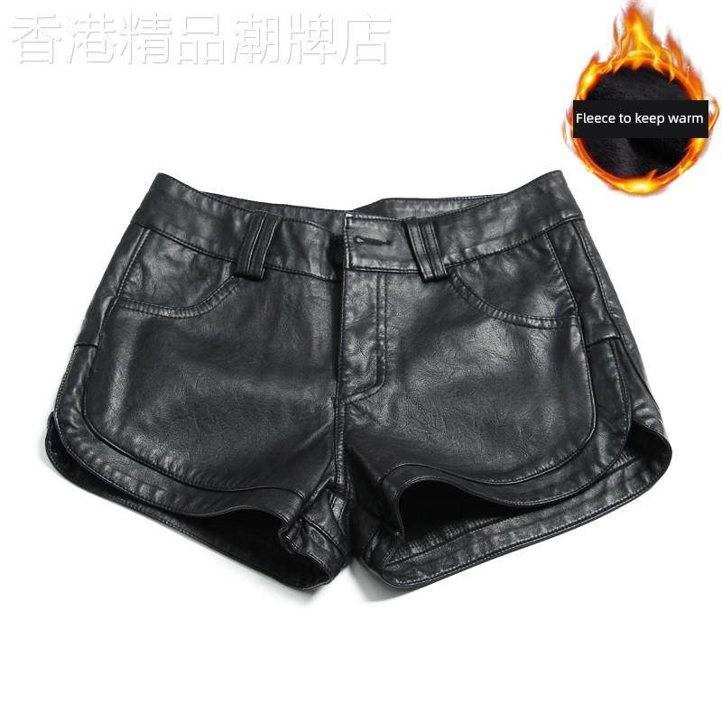 专柜真皮短裤女秋冬新款低腰百搭时尚阔腿打底皮裤大码靴裤外穿潮