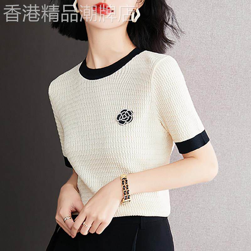 冰丝短袖t恤女夏季2026新款圆领薄款时尚洋派宽松显瘦针织衫上衣
