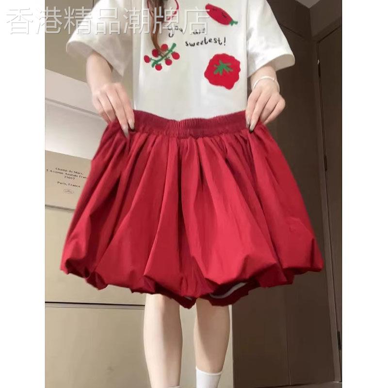 高腰a字花苞褶皱半身裙女士夏季2026欧货大尺码胖mm红色蓬蓬裙短