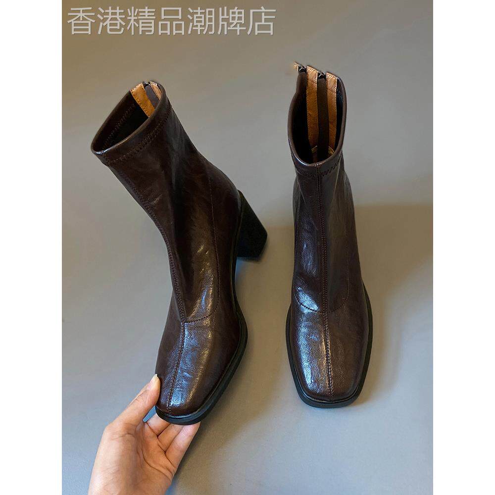 香港高跟短靴女2025秋冬新款方头马丁靴小个子覆古显瘦粗跟瘦瘦靴