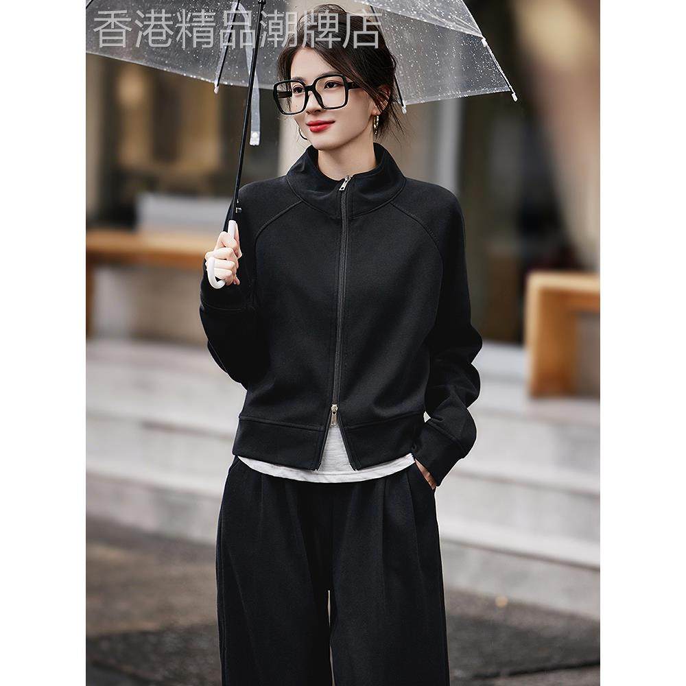 2025秋季新款运动风卫衣套装女黑色立领长袖开衫外套休闲裤两件套,女装/女士精品,时尚套装,淘宝优惠券,粉丝福利购,淘宝优惠卷