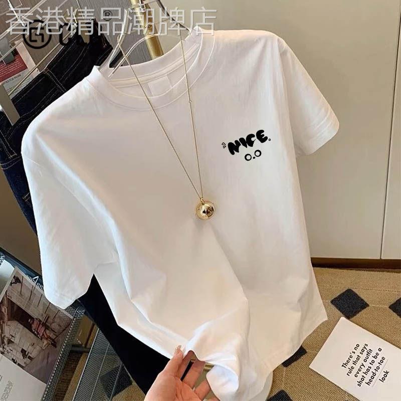 香港CLG潮牌白色正肩纯棉修身卡通短袖T恤女款夏季圆领小个子短袖