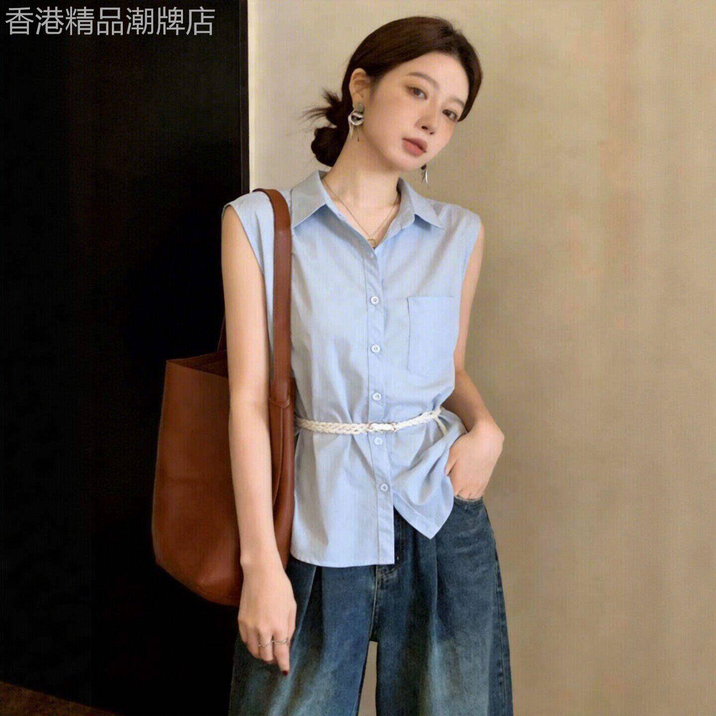 高级感翻领无袖衬衫女夏季新款韩系显瘦时尚百搭气质薄款开衫上衣
