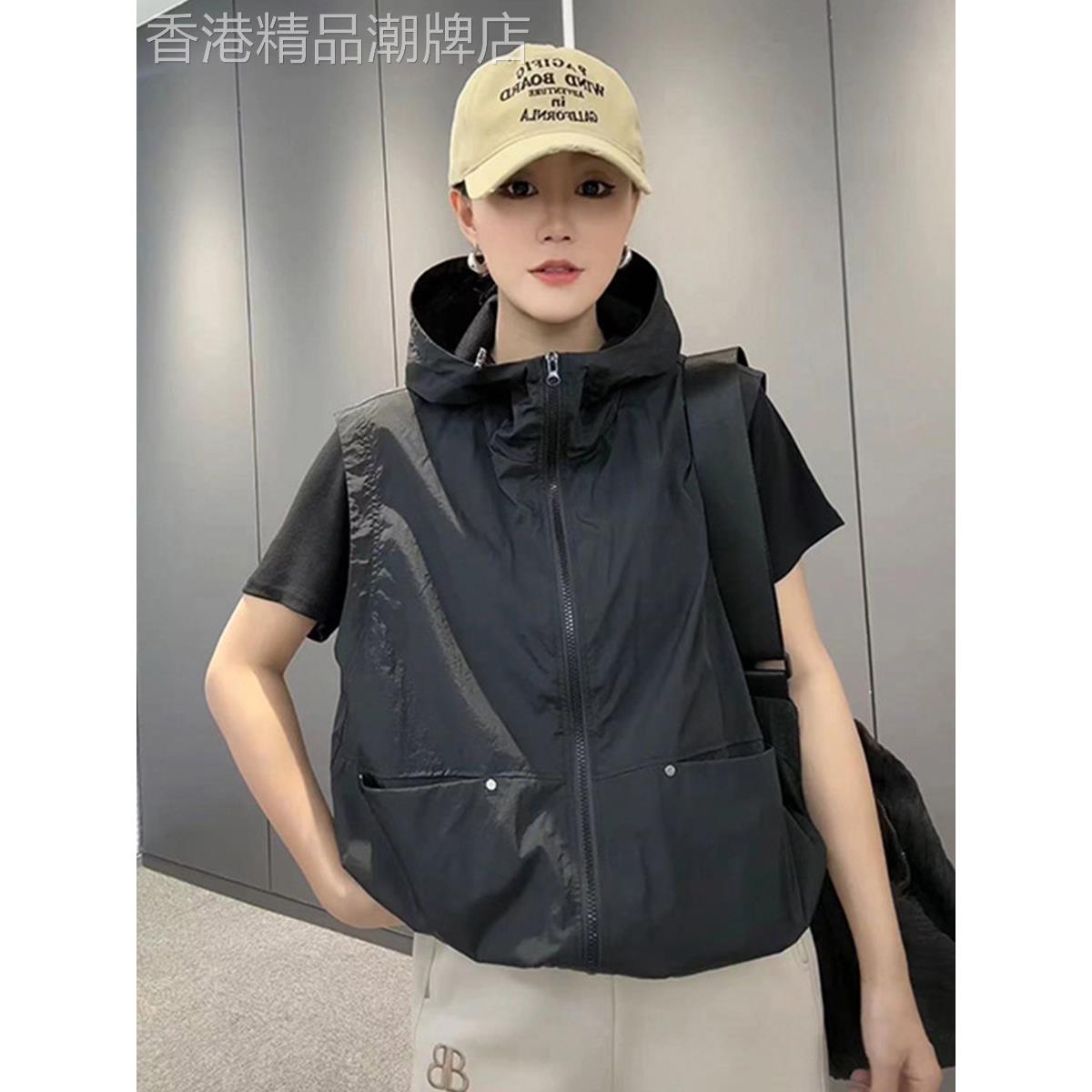 防晒连帽背心外套女2026年新款夏季宽松无袖拉炼开衫冰丝马夹上衣