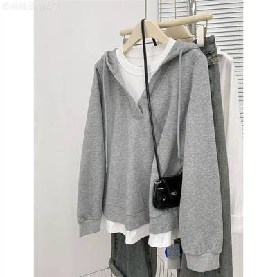 潮牌灰色假两件连帽卫衣女2025春秋冬季新款韩版宽松加绒加厚上衣