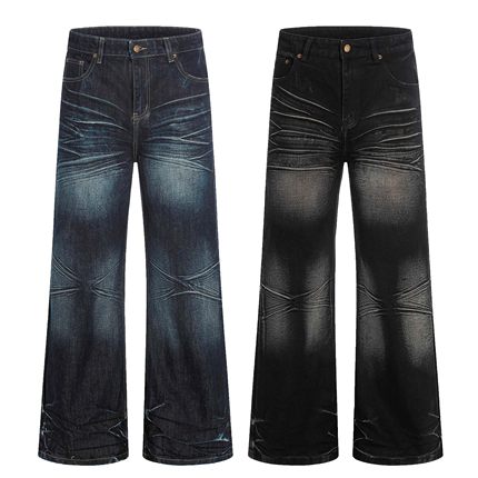 Goinsk"牛王"13.5盎司牛仔裤男女手工立体猫须646版型褶皱微喇裤