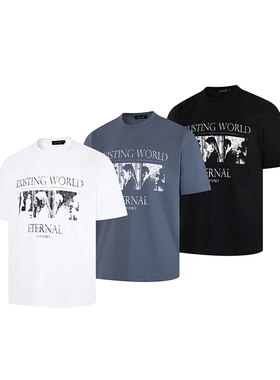 Goinsk 复古印花短袖T恤男女款春夏季打底衫重磅水洗宽松落肩上衣