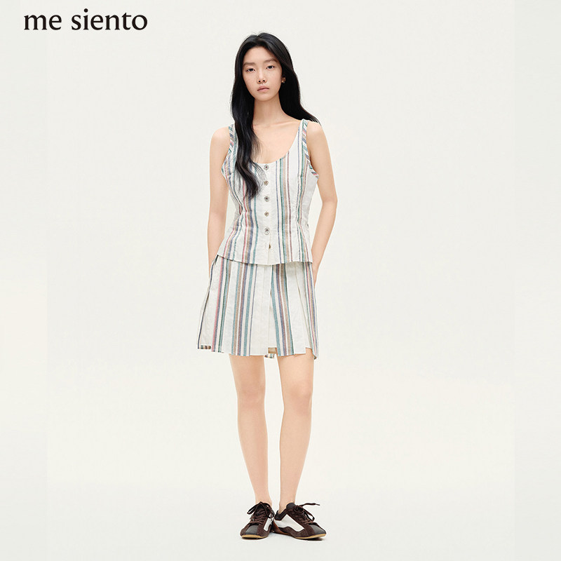 me siento 26SS复古多色条纹撞色吊带背心+条纹拼接半身裙套装