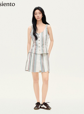 me siento 26SS复古多色条纹拼接撞色吊带背心+条纹拼接半裙套装