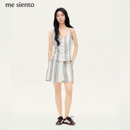 me siento 26SS复古多色条纹拼接撞色吊带背心+条纹拼接半裙套装