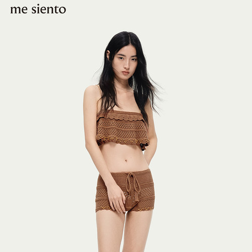 me siento 26SS针织木珠边缘吊带+抽绳流苏针织木珠短裤+屁帘套装