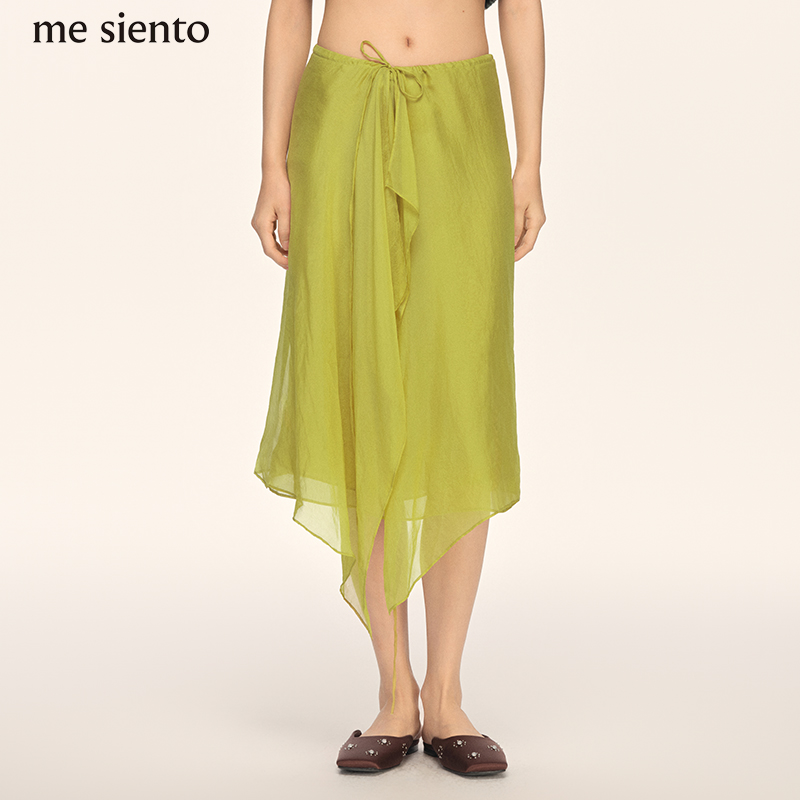 纯色桑蚕丝侧边抽绳显瘦半身裙