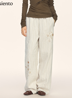 me siento 25AW亚麻混纺手工钉珠条纹阔腿休闲长裤