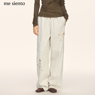 25AW亚麻混纺手工钉珠条纹阔腿休闲长裤 siento