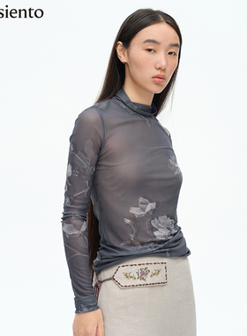 me siento 烟灰原创图案透视高领修身长袖T恤