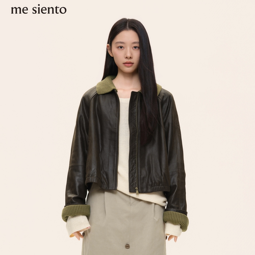 me siento 26AW 插肩袖复古拼接短款皮夹克撞色翻领中式外套