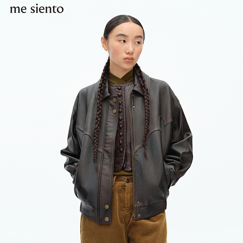 【沈月同款】me siento 25FW羊皮外套西部风做旧复古翻领夹克皮衣