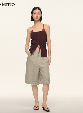 me siento 春辰绿脚口腰带毛边可拆卸休闲五分裤