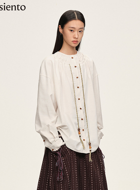 me siento 月白抽褶编绳木珠重工长袖衬衫