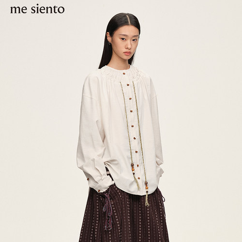 mesiento宽松复古长袖月白衬衫