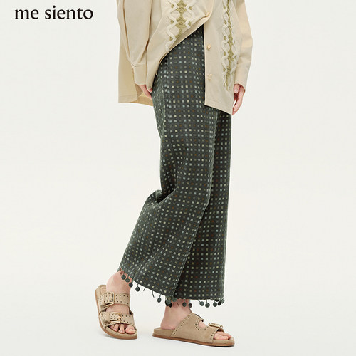me siento 26SS织带高腰阔腿九分裤