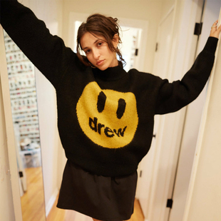 羊毛衣 宽松百搭秋冬针织衫 DREW BIEBER提花笑脸潮牌男女情侣款