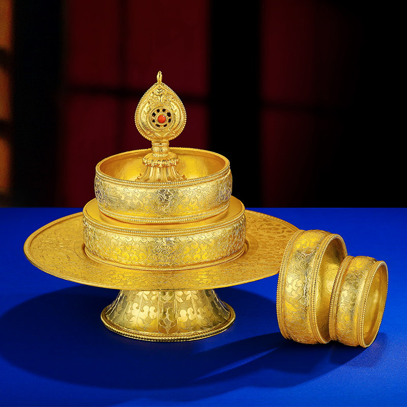 曼扎盘S990纯银镀金纯手工曼茶罗全套八吉祥曼扎全套11cm