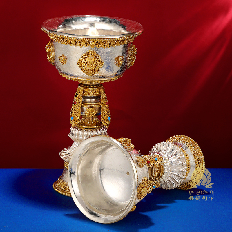 尼泊尔手工酥油灯灯座s925银灯座铜鎏金供灯家用长明灯座中号大号