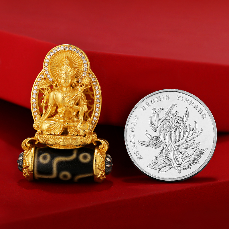 S925纯银镀金天珠白度母吊坠随身吊坠藏式小佛像吊坠白度母挂饰