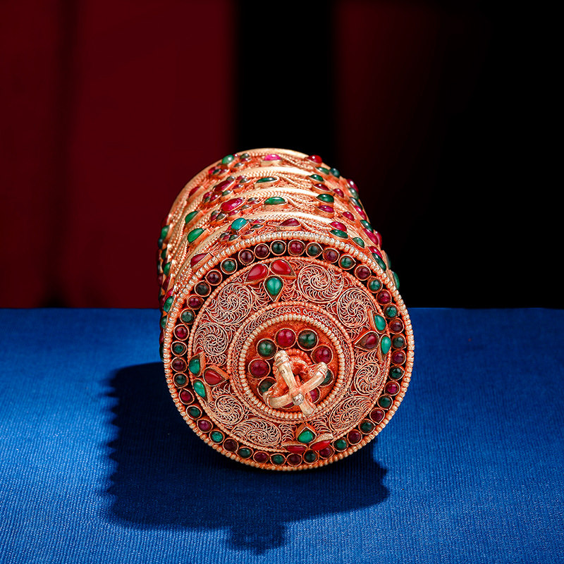尼泊尔掐丝米盒镶嵌宝石家用供奉供具用品掐丝米罐7.8cm