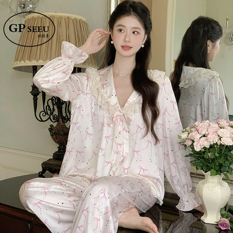 GP Seeu桑蚕丝睡衣女春秋季新款法式公主风蝴蝶结长袖长裤家居服