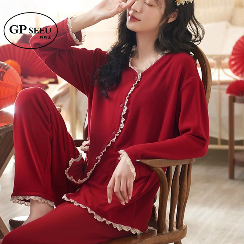 GP Seeu珊瑚绒睡衣女秋冬红色本命年加厚保暖长袖情侣结婚家居服
