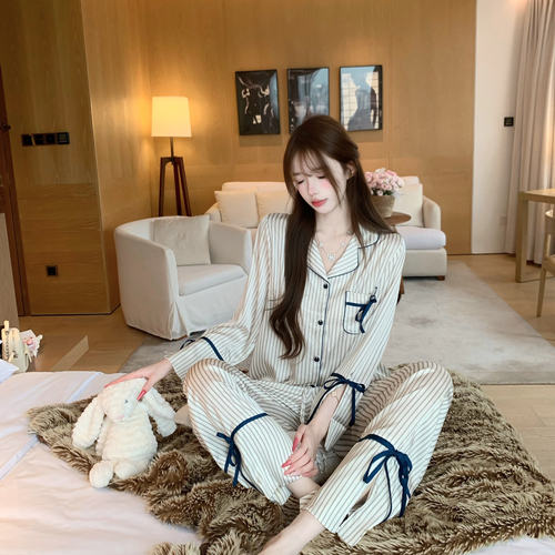 春夏季超火绝美真丝睡衣女款2026新款竖条纹长袖长裤甜美家居服