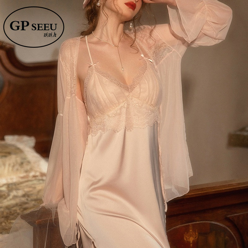 GP Seeu 纯欲风性感睡衣女夏天高级冰丝薄款裸露吊带蕾丝诱惑睡裙