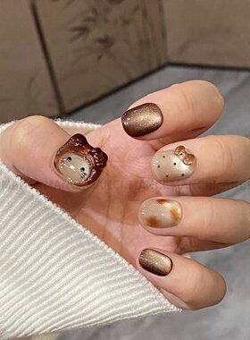 曼辞纯手工穿戴甲短款甲片捏捏KT琥珀猫眼美甲高级感显白假指甲贴