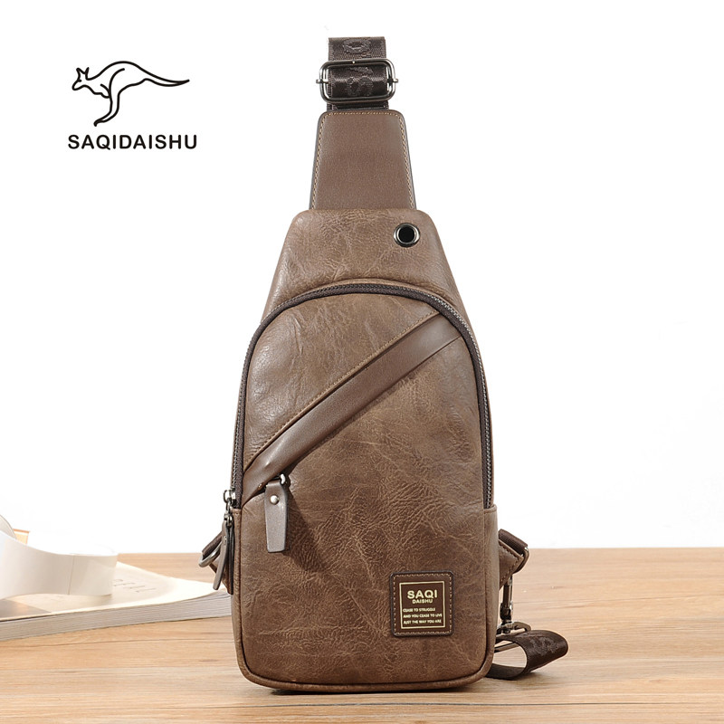 萨奇袋鼠牛皮男士胸包斜挎包男包真皮休闲包大容量斜跨单肩包小背