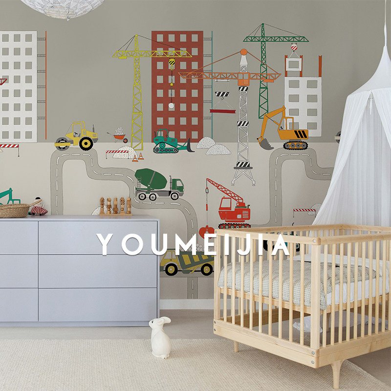 手绘工程建筑儿童房壁纸可爱风男孩卧室卡通汽车背景墙纸定制壁画
