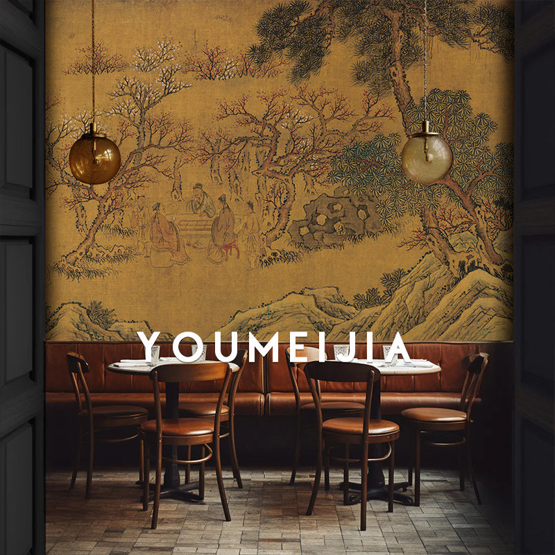 墙布电视背景墙壁纸新中式山水客厅沙发定制壁画复古餐厅卧室墙纸