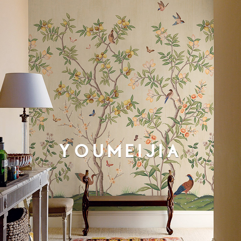 中式工笔花鸟卧室背景墙纸壁纸无缝定制美式客厅影视墙无纺布墙布