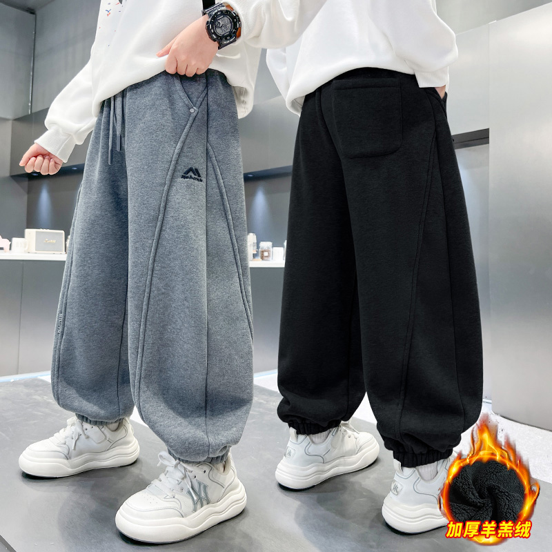 儿童装男童冬季一体加绒裤子2025新款大童秋冬款男孩加厚运动卫裤